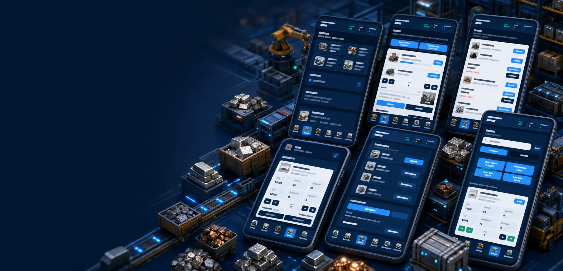 Global Factory mobile game banner inspired by the app screens