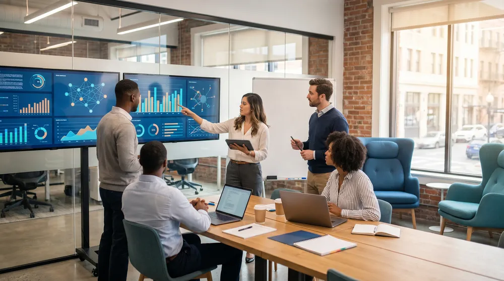 Professional digital agency team reviewing AI search visibility strategy and website SEO for Australian businesses