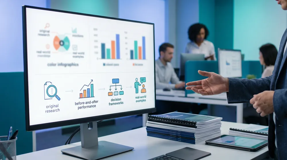 Expert content creation concept showing original research, case studies, decision frameworks and evidence-based articles for AI search visibility