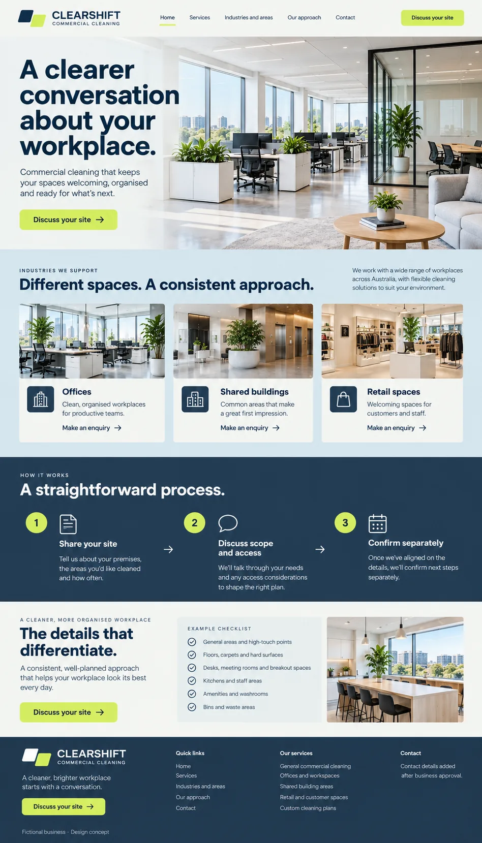 Clearshift Commercial Cleaning home page design preview