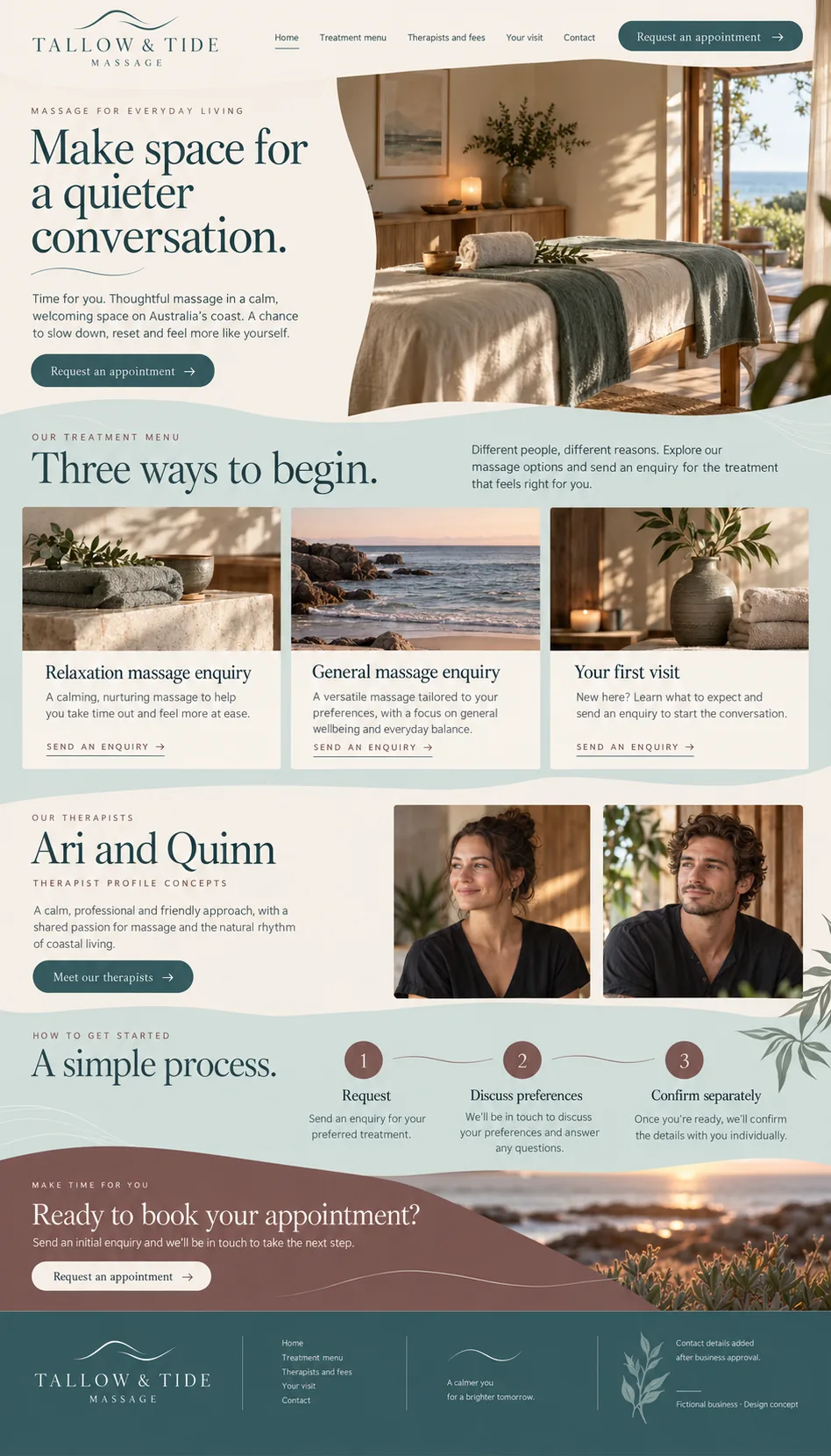 Tallow & Tide Massage home page design preview