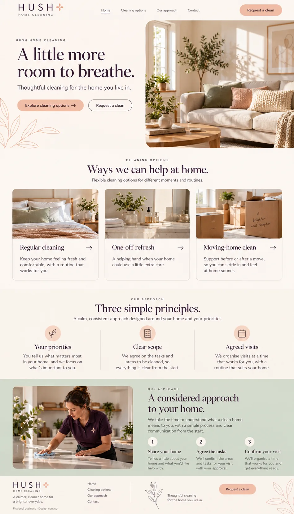 Hush Home Cleaning home page design preview