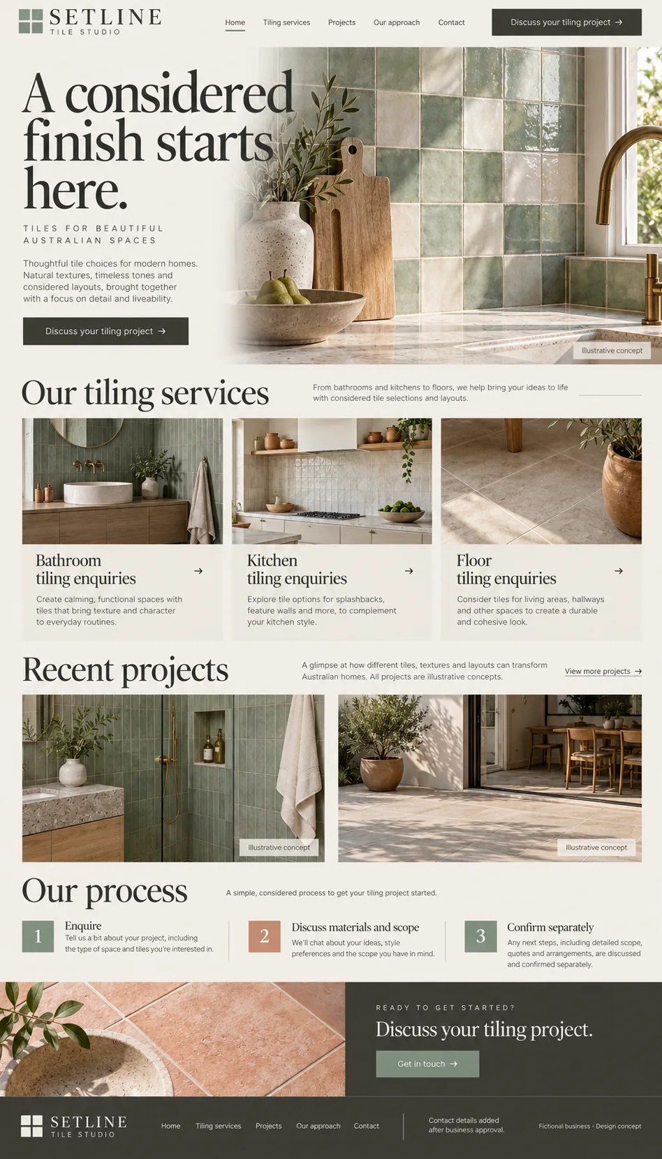Setline Tile Studio home and services page design preview