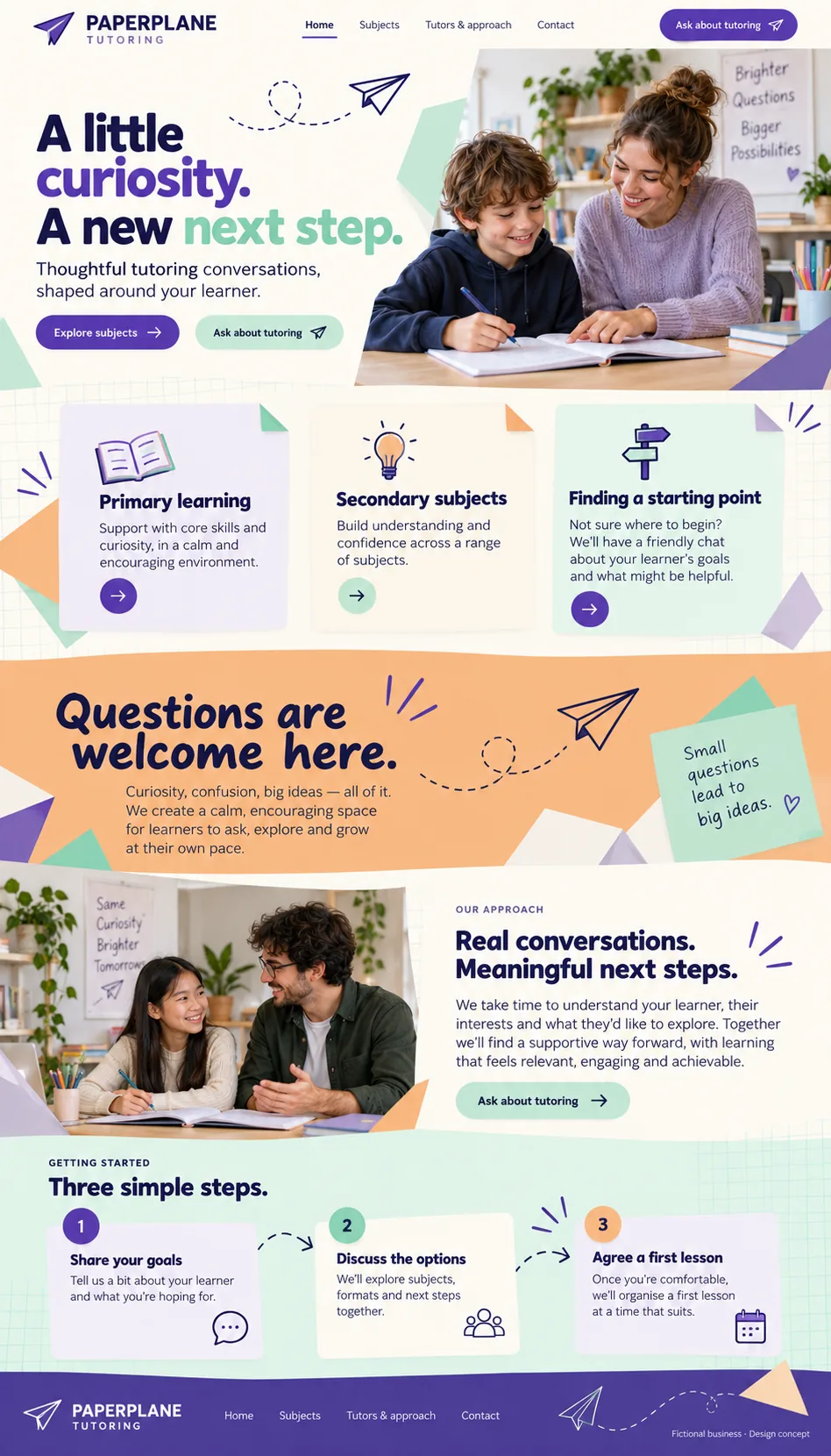 Paperplane Tutoring home page design preview